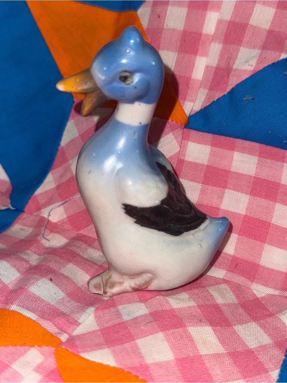 Vintage Blue and White Ceramic Duck Figurine Decor